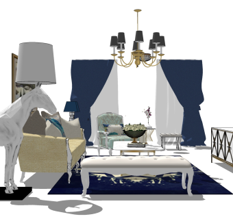 北欧客厅家具su模型，客厅沙发灯具茶几组合sketchup模型下载