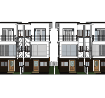 现代联排别墅su模型，别墅skp模型下载