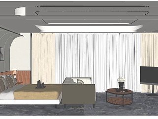 <em>现代</em>风卧室su模型，卧室床窗帘组合草图大师模型下载