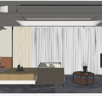 现代风卧室su模型，卧室床窗帘组合草图大师模型下载