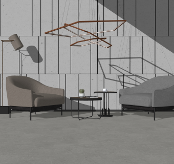 现代布艺单人沙发组合su模型，沙发椅金属吊灯组合skp模型下载