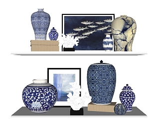 中式青花瓷瓶罐组合su模型下载、青花瓷瓶罐组合草图大师模型下载