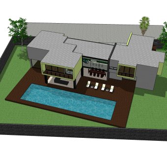 独栋泳池别墅草图大师模型，别墅SU模型下载