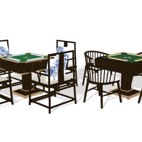 中式休闲麻将机桌椅组合su模型，麻将桌sketchup模型下载