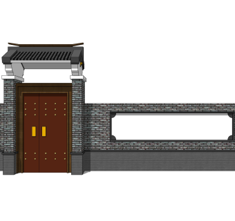 中式院门院墙草图大师模型，院门院墙sketchup模型免费下载