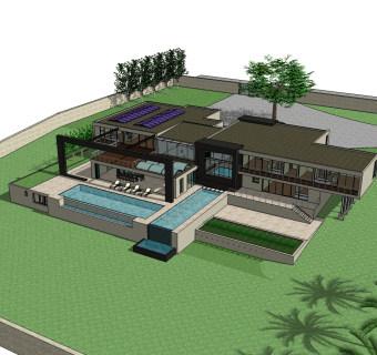 现代欧式独栋泳池别墅草图大师模型，别墅SU模型下载