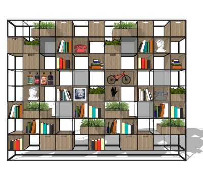 简约铁艺隔断书架草图大师模型，现代实木书柜效果图su模型下载