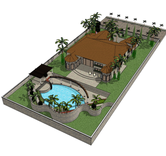 欧式泳池别墅草图大师模型，别墅SU模型下载