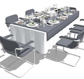 现代餐桌椅草图大师模型，八人餐桌长桌子sketchup模型下载