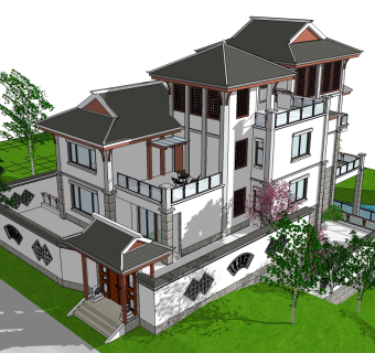 中式乡村别墅四合院su模型下载、中式乡村别墅四合院草图大师模型下载