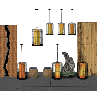 中式枯山水园艺小品草图大师模型，枯山水园艺小品sketchup模型下载