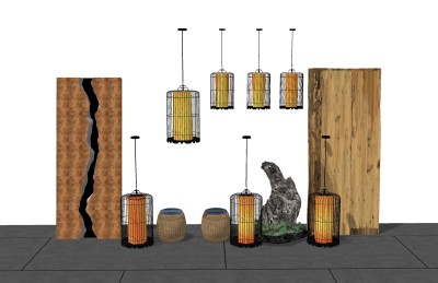 中式枯山水园艺小品草图大师模型，枯山水园艺小品sketchup模型下载
