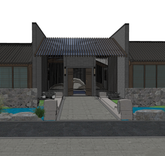 中式四合院民宿建筑草图大师模型，民宿sketchup模型下载