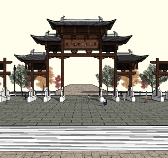 中式牌坊大门sketchup模型，牌坊skp文件下载