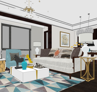 现代美式客厅设计草图大师模型，家装SU模型下载