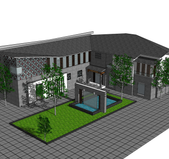 中式别墅建筑草图大师模型，古建民俗sketchup模型免费下载