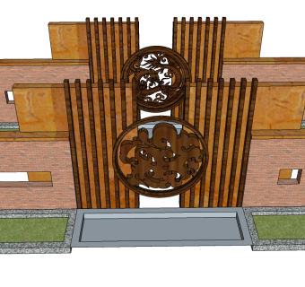 中式景观墙SU模型下载，景观墙skb模型分享