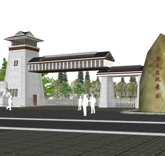新中式景区大门入口sketchup模型，大门入口skb文件下载