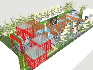 新中式会所屋顶花园景观草图大师模型，屋顶花园景观...