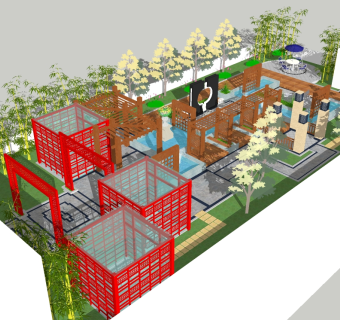 新中式会所屋顶花园景观草图大师模型，屋顶花园景观sketchup模型下载