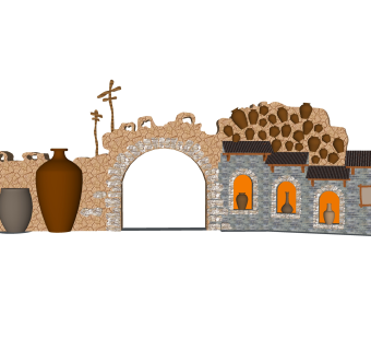 现代景区大门入口su模型，大门入口skp模型下载