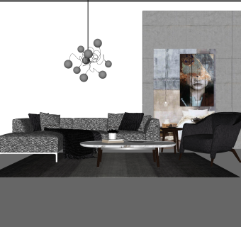 现代布艺沙发组合su模型，沙发茶几吊灯组合skp模型下载