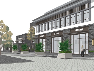 新中式沿街商业建筑草图大师模型，沿街商业建筑sketchup模型免费下载