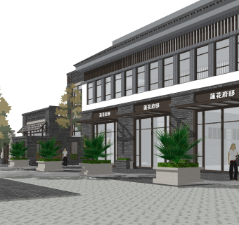 新中式沿街商业建筑草图大师模型，沿街商业建筑sketchup模型免费下载