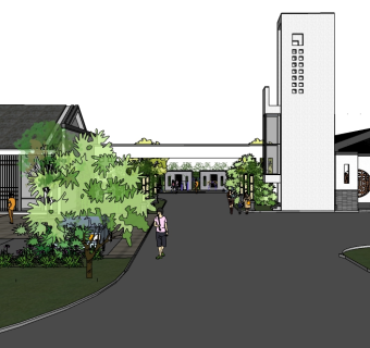 新中式小区入户门SU模型下载，小区入口草图大师模型