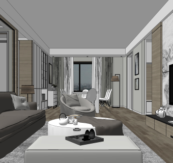 现代客餐厅su模型，客餐厅沙发茶几组合草图大师模型下载