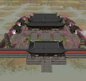 中式寺院草图大师模型，寺院su模型下载