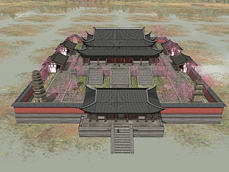 中式寺院草图大师模型，寺院su模型下载