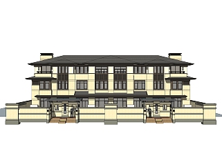 中式联排别墅su模型，别墅草图大师模型下载