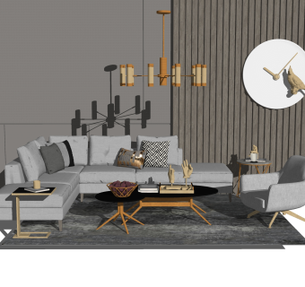 现代布艺沙发组合su模型，沙发茶几组合skp模型下载
