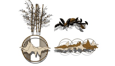 新中式墙饰挂件组合su模型下载、墙饰挂件组合草图大师模型下载