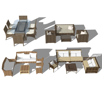 现代户外藤艺休闲桌椅草图大师模型，户外椅sketchup模型下载