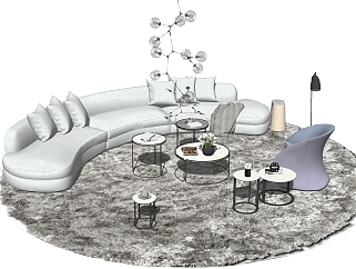 现代布艺弧形沙发组合su模型，弧形沙发组合skp模型下载