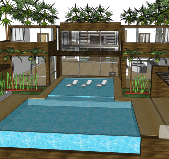 现代独栋滨水别墅su模型，别墅skb文件下载