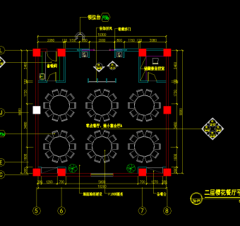 二层樱花餐厅装修施工图，樱花餐厅CAD平立面图