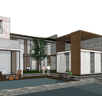 新中式独栋别墅草图大师模型，su别墅sketchup模型下载