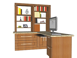 办公室里电脑桌搭书柜的SKP模型，<em>办公电脑</em>桌sketchup...