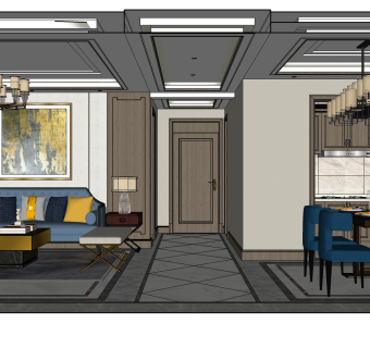 新中式客餐厅su模型，客餐厅sketchup模型下载