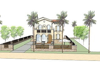 西班牙风格独栋别墅草图大师模型，别墅sketchup模型