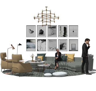 现代意式沙发组合su模型，餐厅家具组合skp模型下载