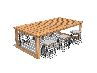 现代实木餐桌椅su模型，长餐桌简易桌子草图大师模型...