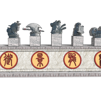 中式景观墙skp文件下载，景观墙SU模型