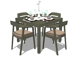 美式餐桌椅su模型，客厅桌子4人餐桌草图大师模型下载