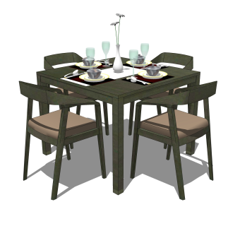 美式餐桌椅su模型，客厅桌子4人餐桌草图大师模型下载