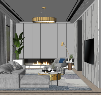 现代客厅厨房su模型，客厅厨房sketchup模型下载