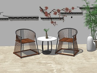 新中式单椅边几组合草图大师模型，单椅sketchup模型...